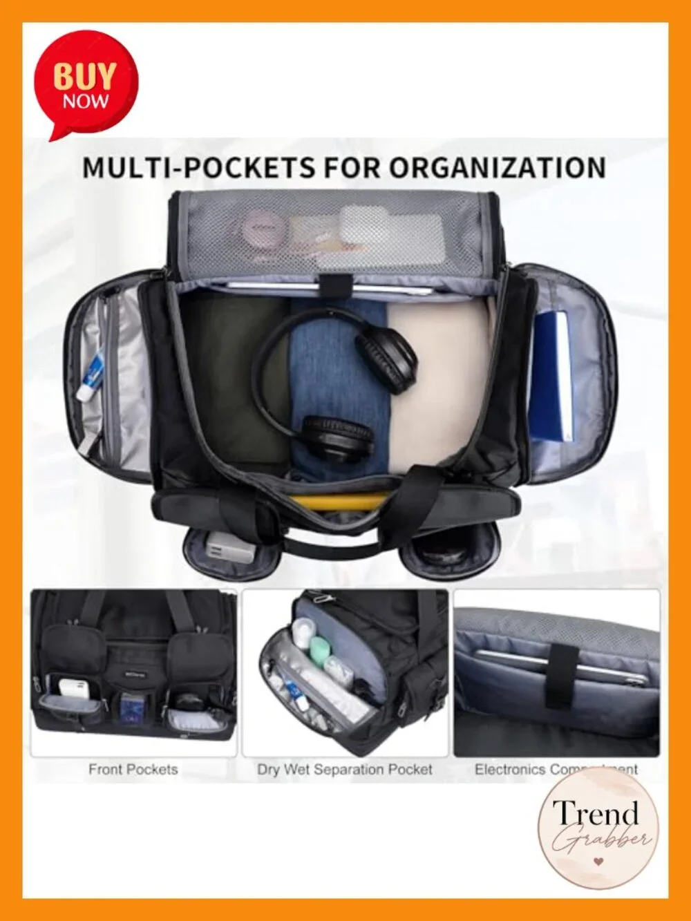 50L Nylon Travel Weekender Duffle Bag with Shoe Compartment, Wet-Dry Pocket,